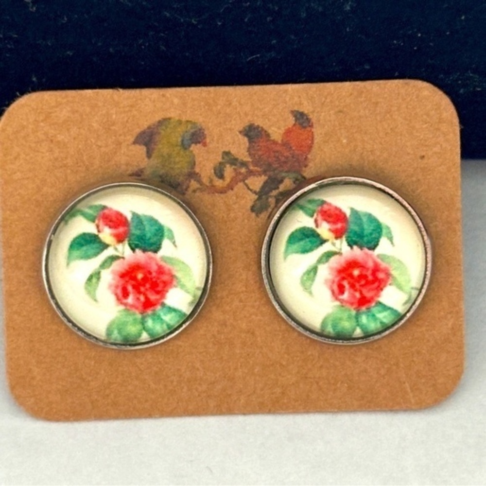 12mm Floral Print Stainless Steel Stud Earrings, Unworn, Handmade, NWT